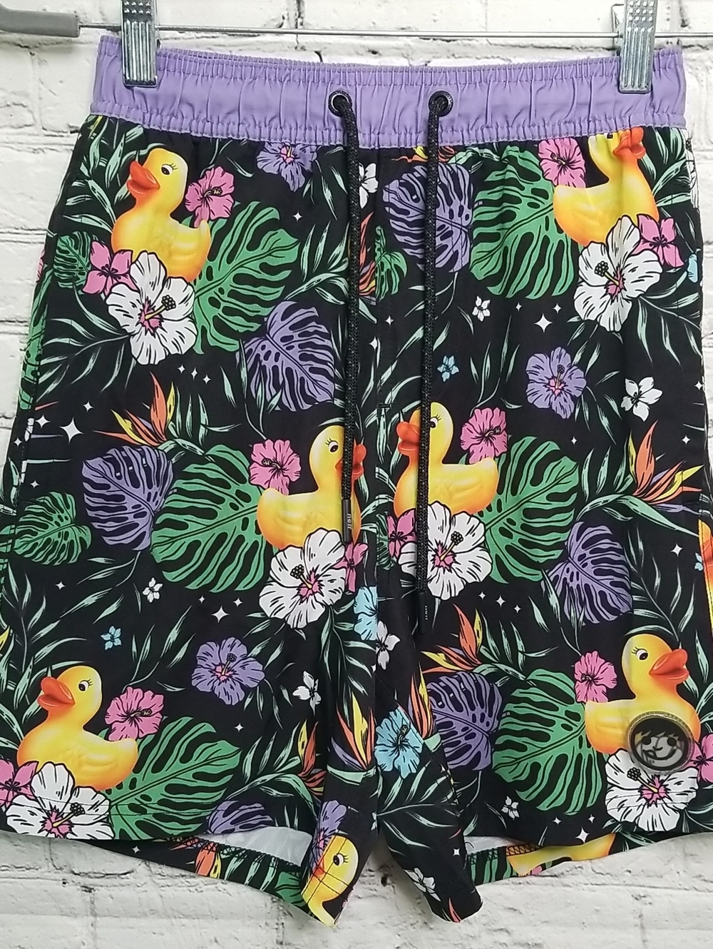 Neff mens swim trunks size small w/ PALM FRONDS & DUCKS side pockets EUC